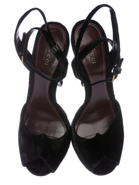 Gucci Black Velvet Leather Peep-Toe Ankle-Strap Heels